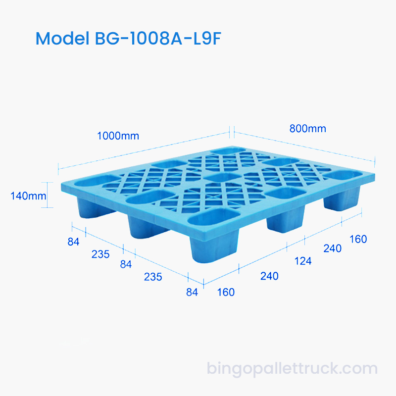 1000×800mm 4-Way Entry Light Duty Grid Palet Plastik HDPE Sembilan Kaki