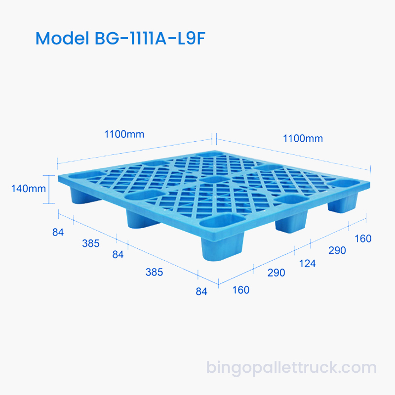 Pallet Plastik 9 Kaki Tugas Ringan 1100x1100mm dengan Entri 4 Arah untuk Jack Pallet