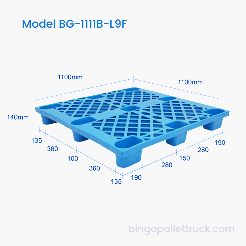 Pallet Plastik 9 Kaki 1100x1100mm Dioptimalkan untuk Penggunaan Jack Pallet dan Forklift
