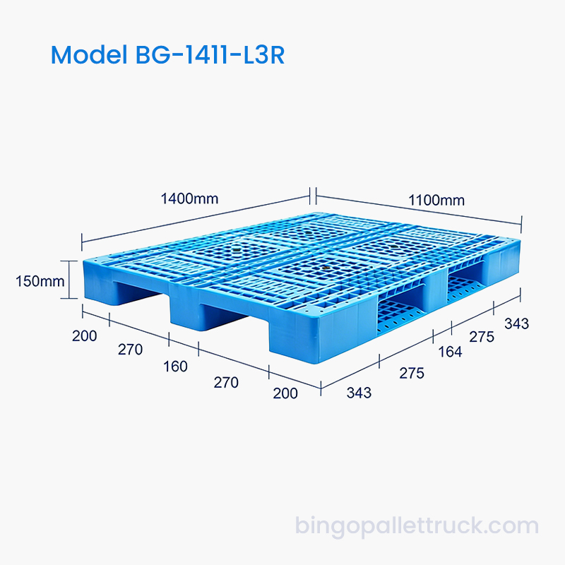Pallet Plastik 1400x1100mm dengan 3 Pelari untuk Entri Forklift Empat Arah