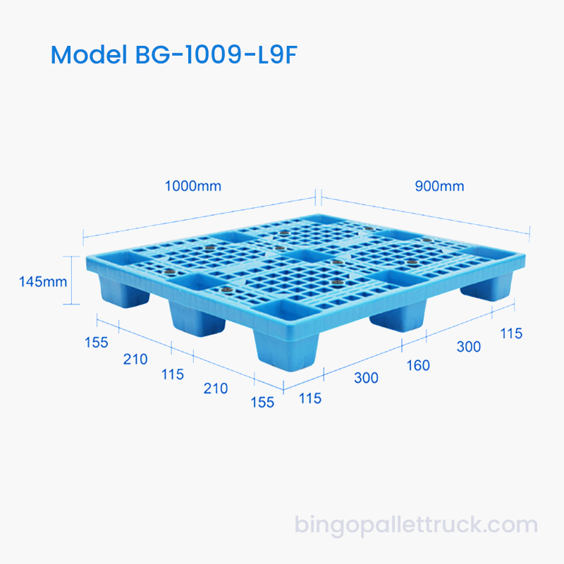 Palet Plastik Tugas Ringan Satu Sisi 1000x900mm dengan Dek Kotak dan 9 Kaki