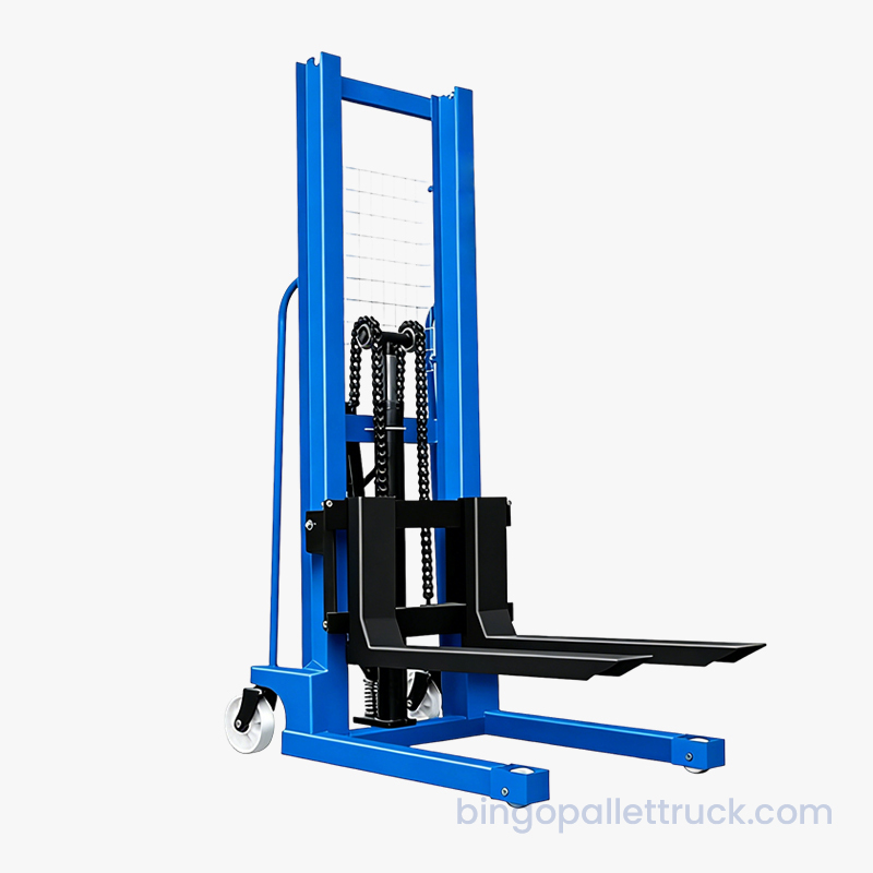 Stacker Manual 1000kg dengan Garpu yang Dapat Disesuaikan untuk Berbagai Ukuran Palet